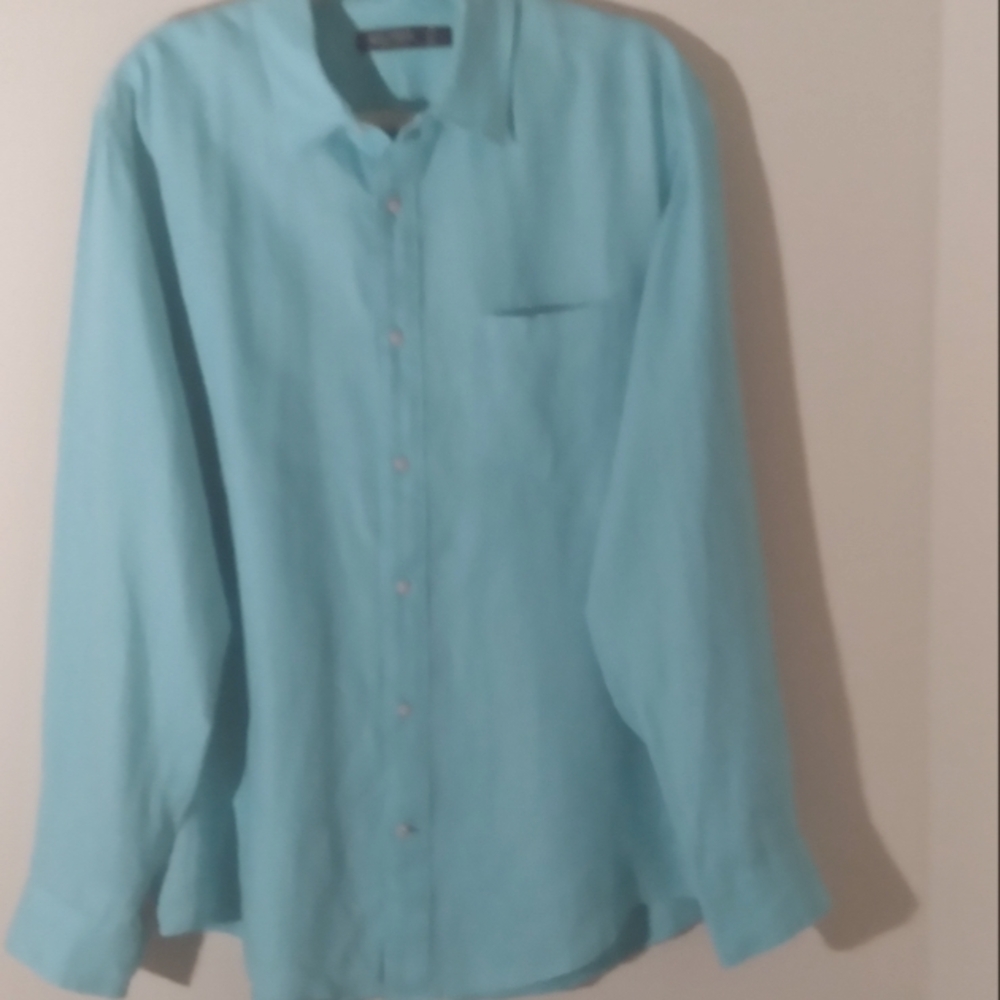 Nautica Linen Mens Blue Green Summer Button‎ Up Shirt Large